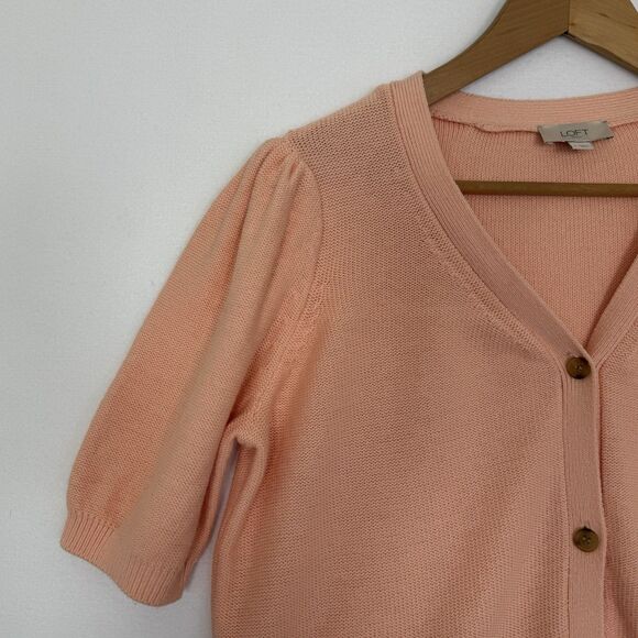 Loft Outlet Peach Puff Sleeve Spring Cardigan Sweater V-Neck Sz Large Short slvs - Picture 2 of 11